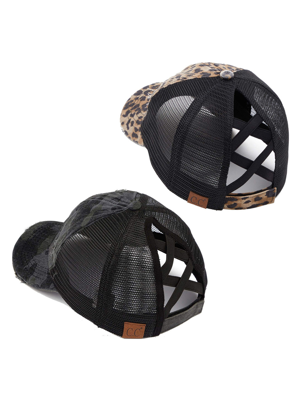 Criss Cross Ponytail Cap, Messy Bun Distressed Baseball Hat | Black | Size OS